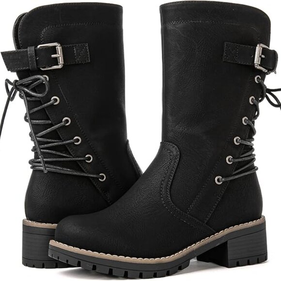 NEW! Women's Biker Boots Lace up Back Mid Calf Motorcycle Fashion Festival Boots - Picture 1 of 7
